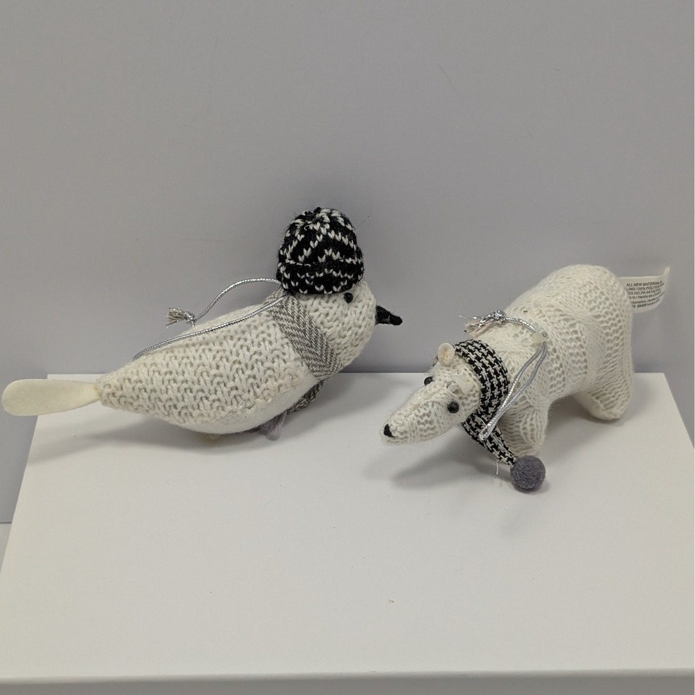Kmart Knit Bird Polar Bear Christmas Ornaments Set of 2 Indoor Decor Monochrome
